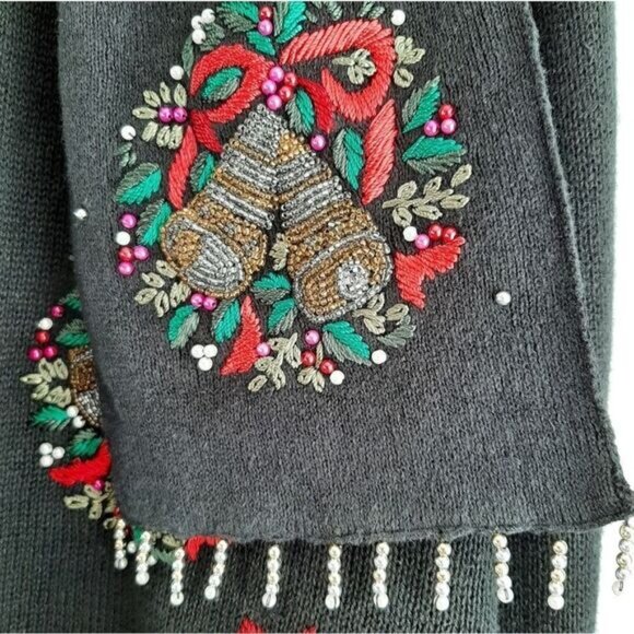 WHITE STAG Vintage Embroidery & Bead Work Christmas Bells Cardigan Sweater Sz XL - Picture 5 of 16